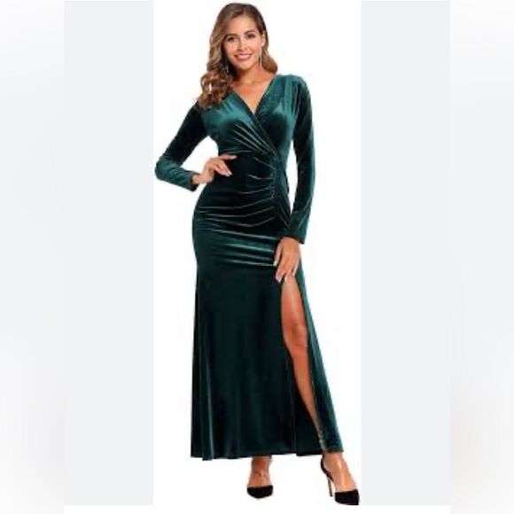 NWT Ababalaya Long Sleeve Wrap Velvet Long Formal Dresses Cocktail Dress - Picture 1 of 14